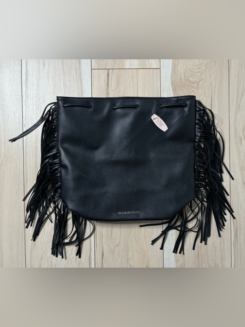 Victoria’s Secret Black Fringe Tote Bag Faux Leather Boho Western  Bag NWT